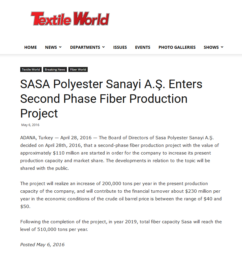 Blog yazısı SASA Polyester Sanayi A.Ş. Enters Second Phase Fiber Production Projectiçin resim