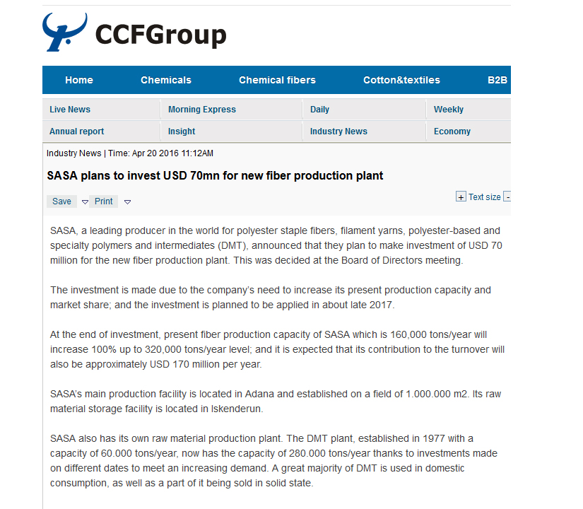 Blog yazısı SASA plans to invest USD 70mn for new fiber production plantiçin resim