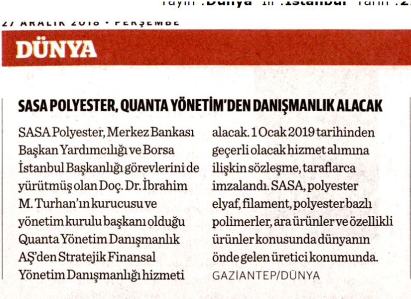 Blog yazısı SASA POLYESTER, QUANTA YÖNETIM'DEN DANIŞMANLIK ALACAKiçin resim